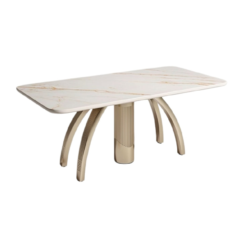 Technische Titel: "Moderne Marmeren Eettafel met Uniek Design en Gestroomlijnde Poten"