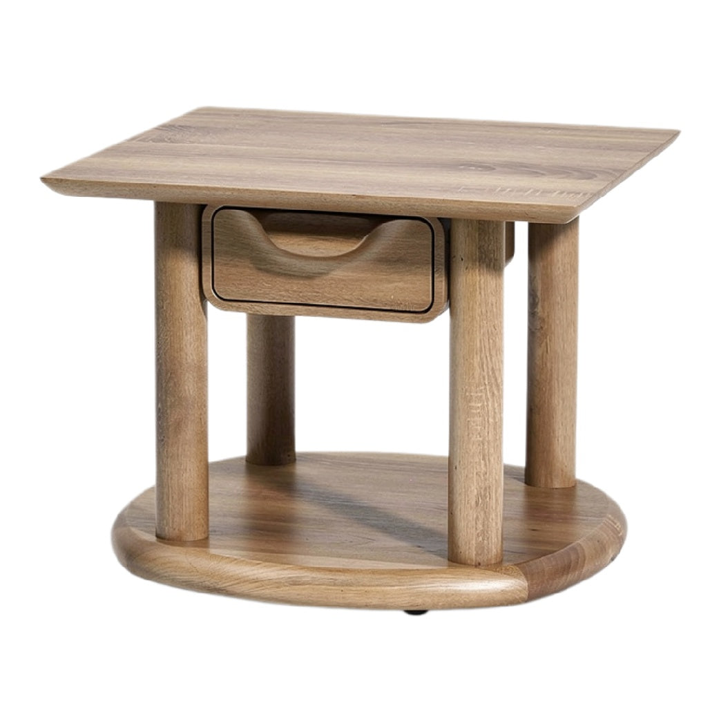 Eikenhouten salontafel met lade en ronde basis