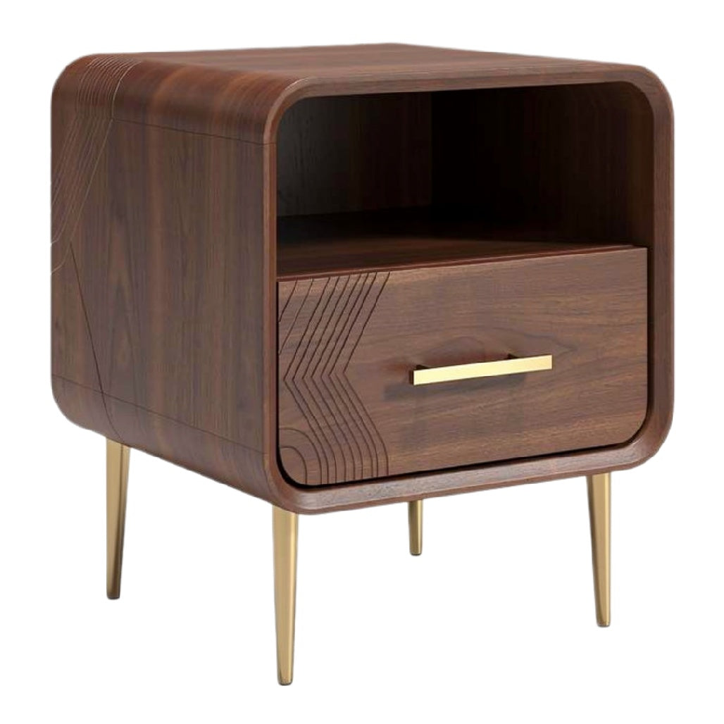 Modern houten nachtkastje met lade en metalen poten